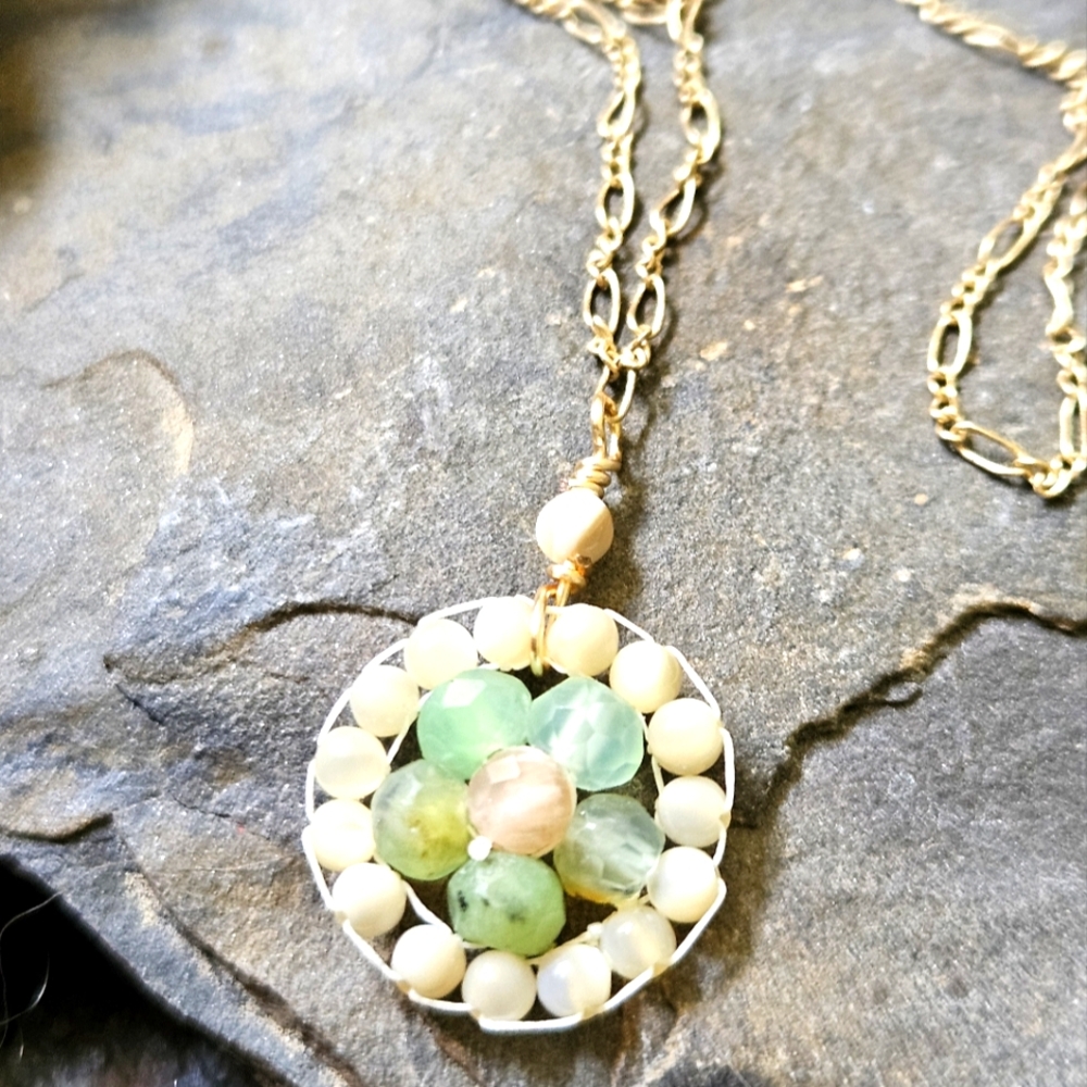 Handmade Gold  Wire Wrapped Gemstone Flower Pendant with 18" Necklace Attached